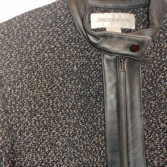 Jones New York Womens Large Virgin Wool leather Zip Up Black tweed Jacket - Picture 8 of 9